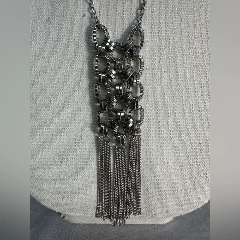 Long chain mail vibe silvertone statement necklace